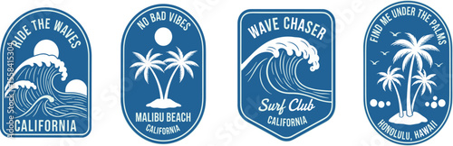 A set of retro-style surf club vector badges with waves, palm trees, and sunsets. Perfect for t-shirt designs, logos, and coastal branding, evoking the California surf culture