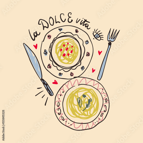 Mediterranean romantic food aesthetic cute hand drawn pasta spaghetti lettering print Italian elements, summer vacation positive vibe mood. La dolce vita doodle text inscription, perfect for cafe and