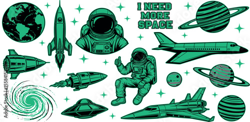 A set of space theme vector set with astronauts, rockets, planets, UFOs, space shuttles, and cosmic elements