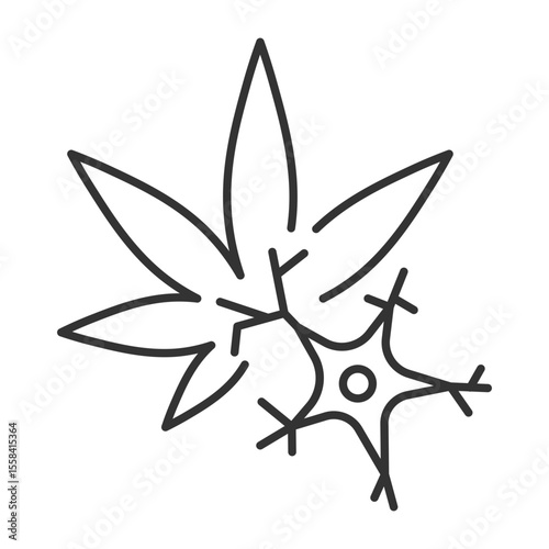 Cannabis and neuron linear icon. Medical marijuana. Nervous system. Alternative medicine. Brain function. Thin line illustration. Contour symbol. Vector outline drawing. Editable stroke