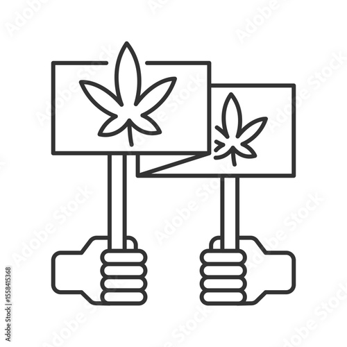 Cannabis legalization protest linear icon. Marijuana advocacy. Public support. Protest signs with cannabis leafs. Thin line illustration. Contour symbol. Vector outline drawing. Editable stroke