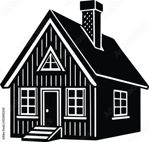 Vector art of silhouette of a wooden house with a chimney and steps