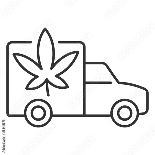 Cannabis products delivery linear icon. CBD products distribution. Delivery truck with marijuana leaf. Transportation. Thin line illustration. Contour symbol. Vector outline drawing. Editable stroke