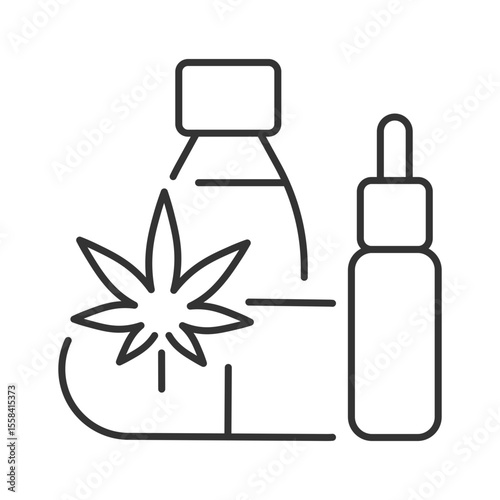 Cannabis medicine linear icon. Cannabinoids. CBD oil and pills. Alternative medicine. Tincture cbd. Supplements. Thin line illustration. Contour symbol. Vector outline drawing. Editable stroke