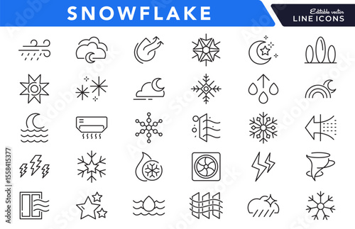 Snowflake line icon set. Clouds, illustration, snow, icons, holiday, overcast, sunny, rainy, snowy, windy, Christmas pattern line icon set. Ui thin line icon pack.