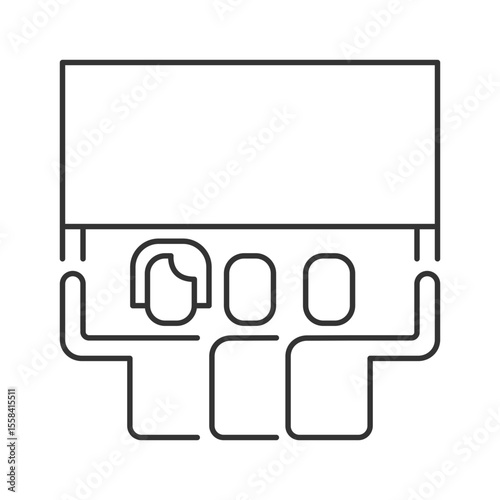 Protesting people linear icon. Demonstration banner. Activism concept. Human rights advocacy. Social movement. Thin line illustration. Contour symbol. Vector outline drawing. Editable stroke