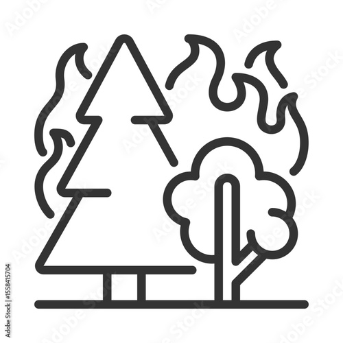 Forest fire linear icon. Wildfire. Burning trees and flames. Nature disaster. Deforestation. Forest destruction hazard. Thin line illustration. Contour symbol. Vector outline drawing. Editable stroke