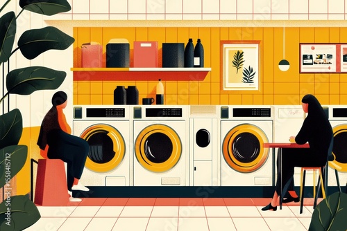 Modern Laundry Room Scene with Two Women Engaged in Activities, Featuring Bright Colors and Minimalist Design for Lifestyle and Home Concepts