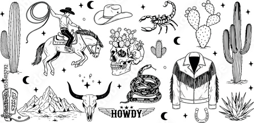 A Western-themed vector graphic set featuring cowboy elements such as a rodeo rider, hat, boots, cacti, skulls, a scorpion, snake, horseshoe, and mountain landscape