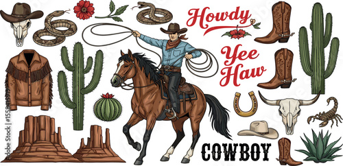 A Western-themed vector illustration set with cowboys, horses, hats, boots, skulls, cacti, and classic Wild West elements. Perfect for t-shirts, stickers, posters, and branding