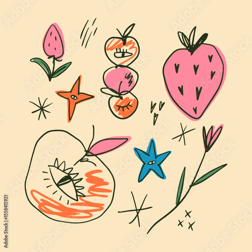Cartoon summer fruits and berries travel beach holiday groovy stickers set vector illustration. Colorful hand-drawn isolated vacay collection of cute sketchy characters, vegan sweet food fruit