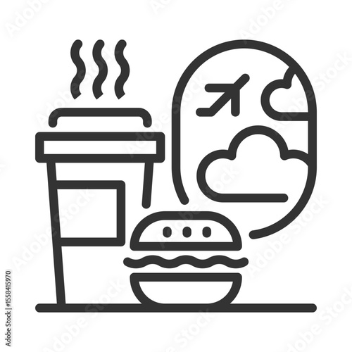 Inflight catering linear icon. Meals and beverages served during flights. Coffe with burger in front of plane porthole. Thin line illustration. Contour symbol. Vector outline drawing. Editable stroke