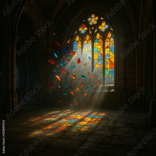 Shattered stained glass floating in cathedral sunlight