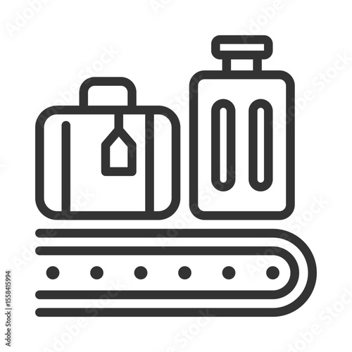 Baggage service linear icon. Luggage on conveyor belt. Services at airport. Transporting and sorting passenger bags. Thin line illustration. Contour symbol. Vector outline drawing. Editable stroke
