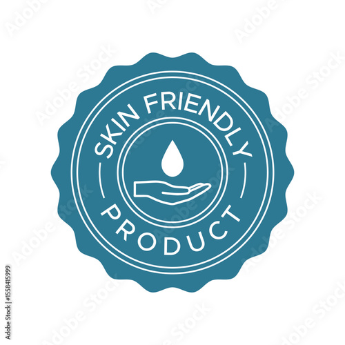 Skin Friendly Product Label – Blue Circular Vector Emblem with Hand and Droplet Icon for Product and Informational Labels