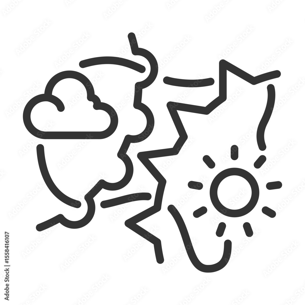 Fototapeta premium Weather fronts linear icon. Changing weather conditions. Atmospheric science. Meteorology. Sun, cloud and dynamic lines. Thin line illustration. Contour symbol. Vector outline drawing. Editable stroke