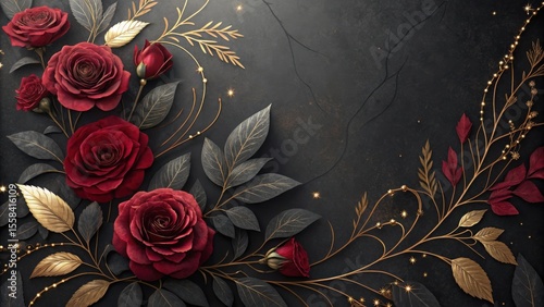 Dark Textured Background with Deep Red Roses and Gold Floral Accents image