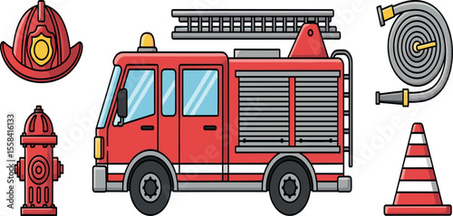 Cartoon fire truck set with helmet, hydrant, hose, cone. Playful, vector illustrations
