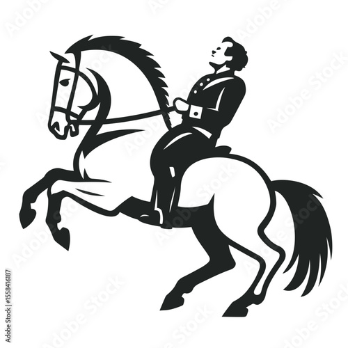 A silhouette of a rider on a rearing horse, in a classic equestrian pose, symbolizing power and elegance