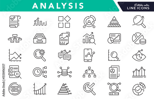 Analysis line icon set. Data analysis, startup, audit, collaboration, workflow, milestones, deadlines, planning, growth, NS, server, domain line icon set. Ui thin line icon pack.