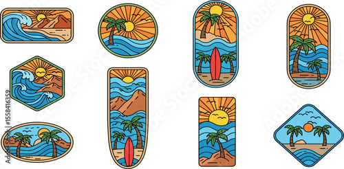 Colorful retro surf and beach vector badge set. Including sun, waves, palm trees, mountains, surfboards
