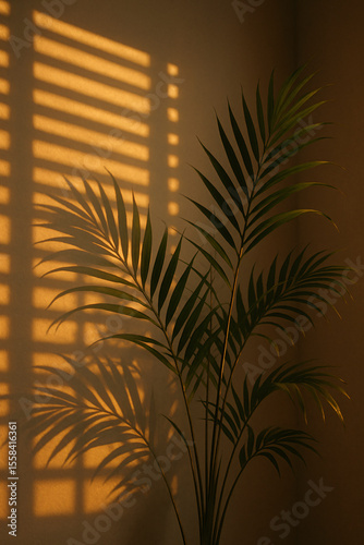 Sunlight filtering through blinds casting leaf shadows