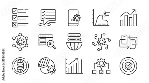 Analysis line icon set. Data analysis, startup, audit, collaboration, workflow, milestones, deadlines, planning, growth, NS, server, domain line icon set. Ui thin line icon pack.