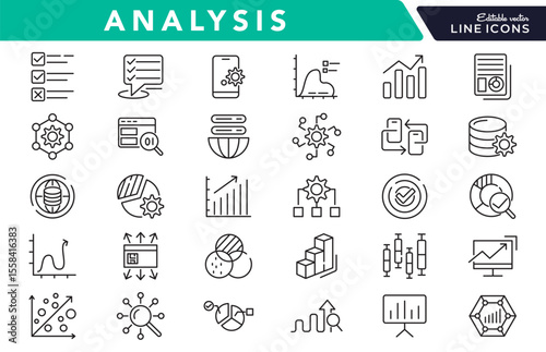 Analysis line icon set. Data analysis, startup, audit, collaboration, workflow, milestones, deadlines, planning, growth, NS, server, domain line icon set. Ui thin line icon pack.