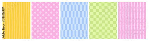 Set of line cute geometric patterns, background. Design for card, invitation, cover, packaging. La dolce vita style. Dots, stripes, check pattern in soft pastel colors.