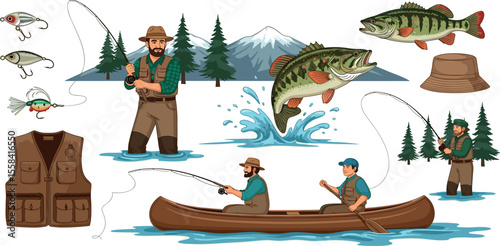 Fishing vector illustration set anglers, fish, bass, trout, canoe, gear, nature