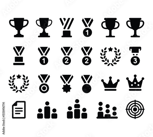 Set of winning award and prize icons, trophy reward, victory trophy signs depicting an award, victory cup achievement, winner medal - stock vector