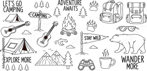 Hand-drawn camping and outdoor adventure vector set with gear, mountains, campfire, tents, trees and quotes