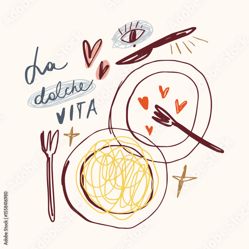Mediterranean romantic food aesthetic cute hand drawn pasta spaghetti lettering print Italian elements, summer vacation positive vibe mood. La dolce vita doodle text inscription, perfect for cafe and