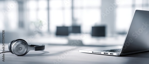 The stylish headphones and sleek laptop in a modern office environment.