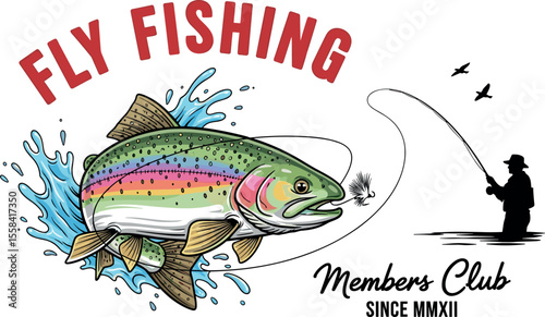 Hand-drawn fly fishing graphic. Vector fish illustration. Perfect for t-shirt prints, posters, stickers, and other