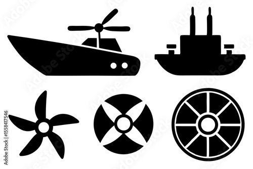 Boat, Ship, Propeller Icons Black Silhouettes