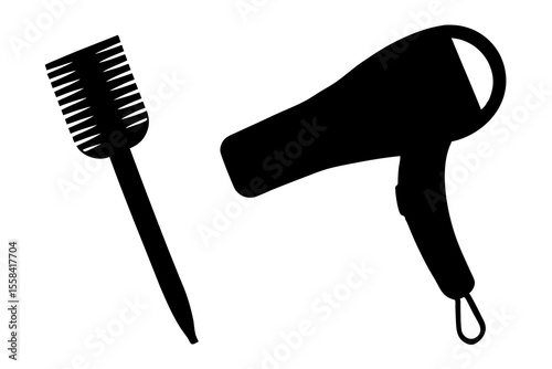 Hairdryer and Comb Silhouettes, Black Icons, Hair Styling Tools
