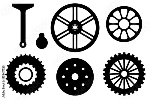 Black and White Bicycle Parts Icons Set, Wheel Cogs Sprocket