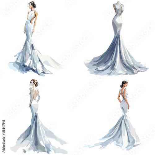 Elegant bridal gown fashion illustration with soft flowing lines and watercolor texture. Perfect for wedding design, bridal branding, and fashion catalogues.

