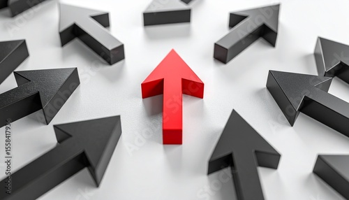 Arrows, 3d up red arrow multiple black arrows towards different directions isolated on white background, divergent,  different, increase, profit, business growth, progress, competitive advantage