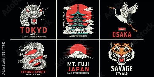 Japanese culture vector graphics. Dragon, pagoda, crane, tiger, Mount Fuji. Perfect for t-shirt designs, posters, stickers and other uses