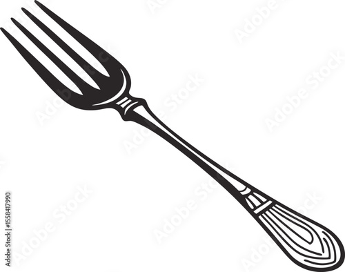 Vector art of silver fork isolated on white background representing dining and tableware