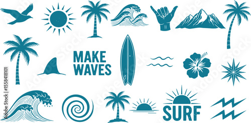 Minimal beach and surf icon vector set with tropical elements like palm trees, waves, surfboards, and sun. Perfect for summer designs, t-shirts, posters, and coastal branding