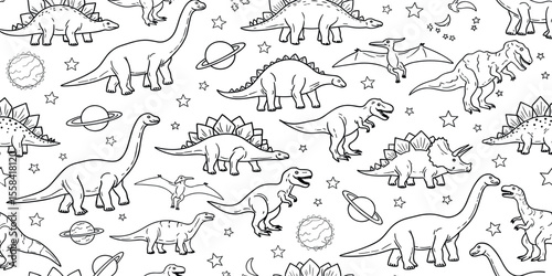 Line art dinosaurs in space seamless pattern. Vector colorful dinos repeat pattern