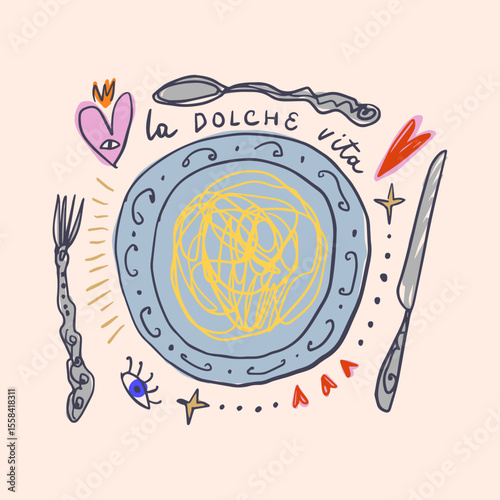 Mediterranean romantic food aesthetic cute hand drawn pasta spaghetti lettering print Italian elements, summer vacation positive vibe mood. La dolce vita doodle text inscription, perfect for cafe and