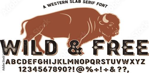 Rustic slab serif font with a distressed Western feel. Bold uppercase letters, numbers, and symbols—perfect for vintage, cowboy, or outdoor-themed designs