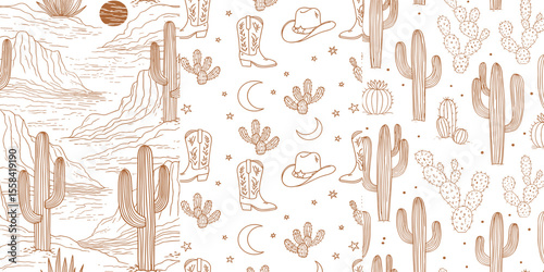  Set of three western seamless vector patterns. Desert landscapes, cowboy gear, and cactus. Western background.