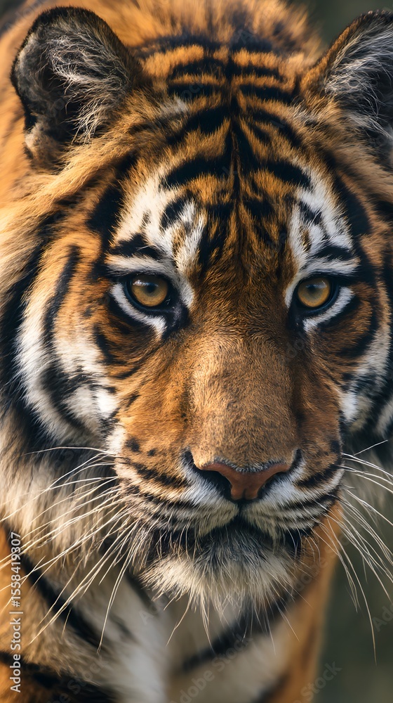 Naklejka premium Close-up portrait of a majestic Bengal tiger, showcasing its striking stripes and intense eyes