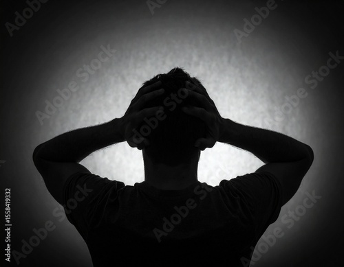 Dramatic black and white portrait of a person standing with hands on head, symbolizing stress, anxiety, and mental health struggle