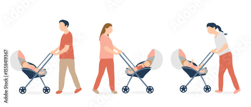 ベビーカーを押すパパとママセット（育児・外出・子育てイラスト）